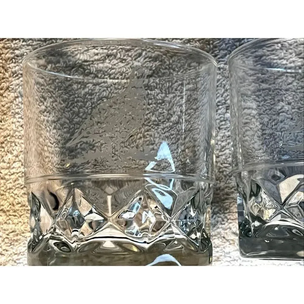Set of 2 Vintage The Famous Grouse Scotch Whisky Low Ball Glasses Etched France